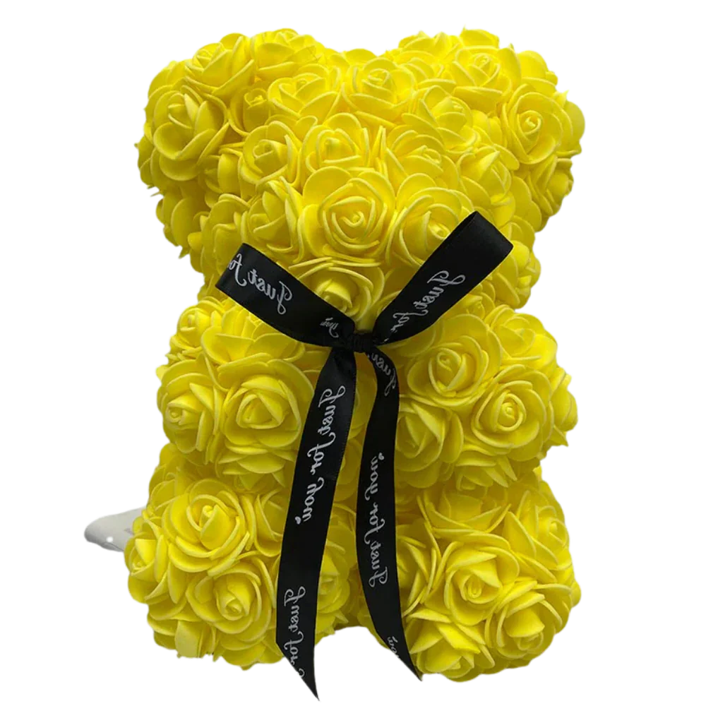 Foam Rose Teddy Bear with Synthetic Petals and Ribbon Neck Accent