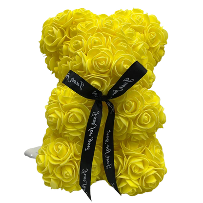 Foam Rose Teddy Bear with Synthetic Petals and Ribbon Neck Accent