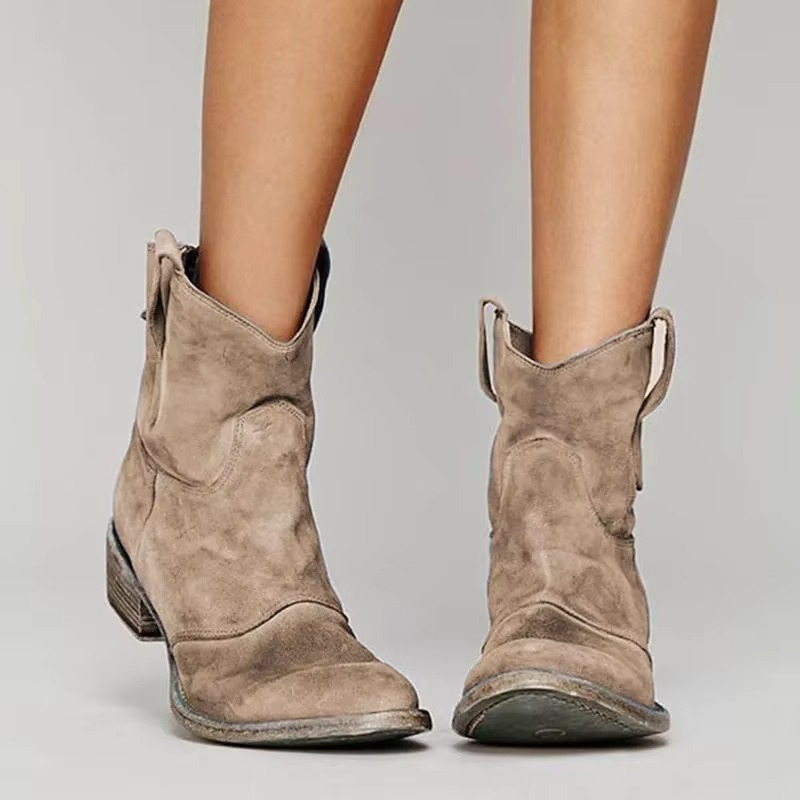 Pointed Toe Ankle Boots with Slip-On Design and Low Block Heel
