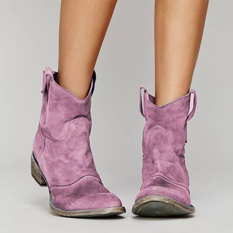 Pointed Toe Ankle Boots with Slip-On Design and Low Block Heel