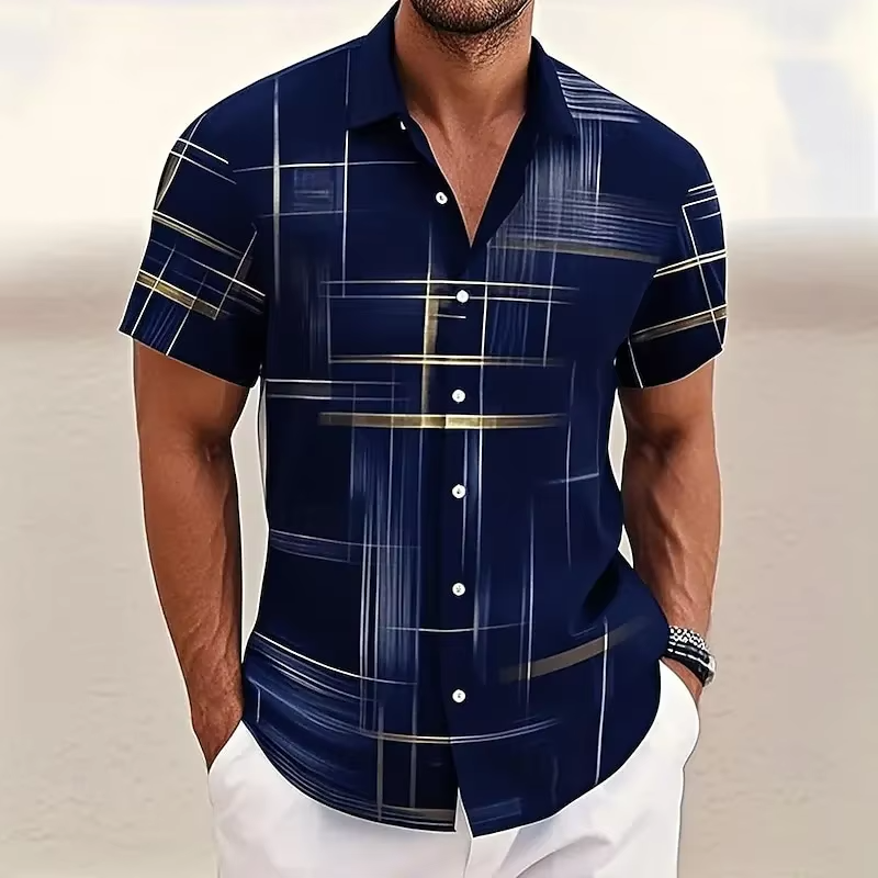 Geometric Plaid Button Shirt for Men with Short Sleeves