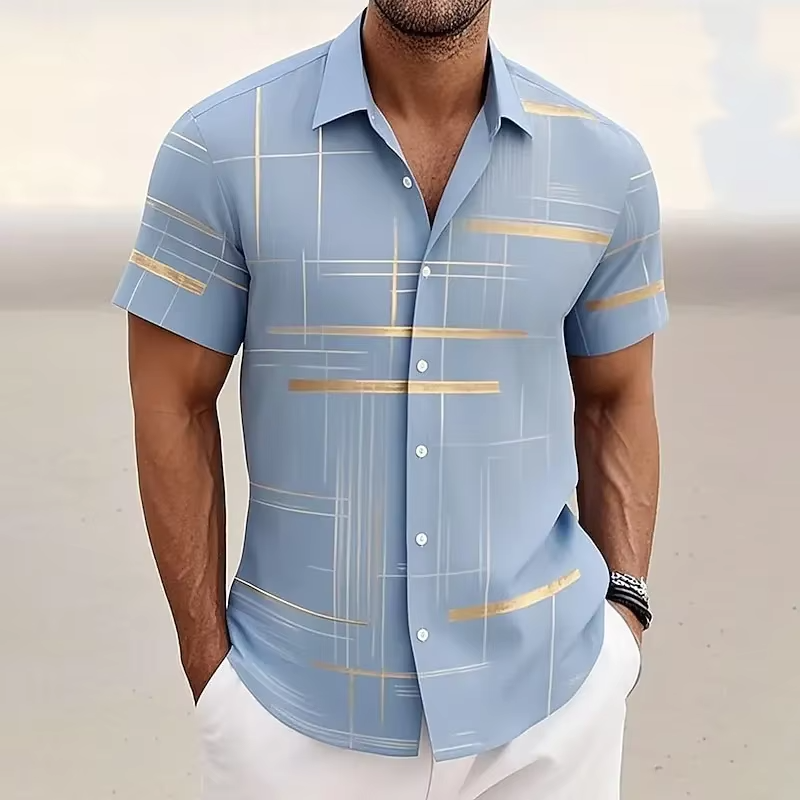 Geometric Plaid Button Shirt for Men with Short Sleeves