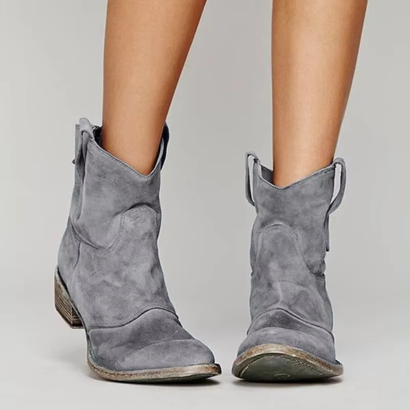 Pointed Toe Ankle Boots with Slip-On Design and Low Block Heel