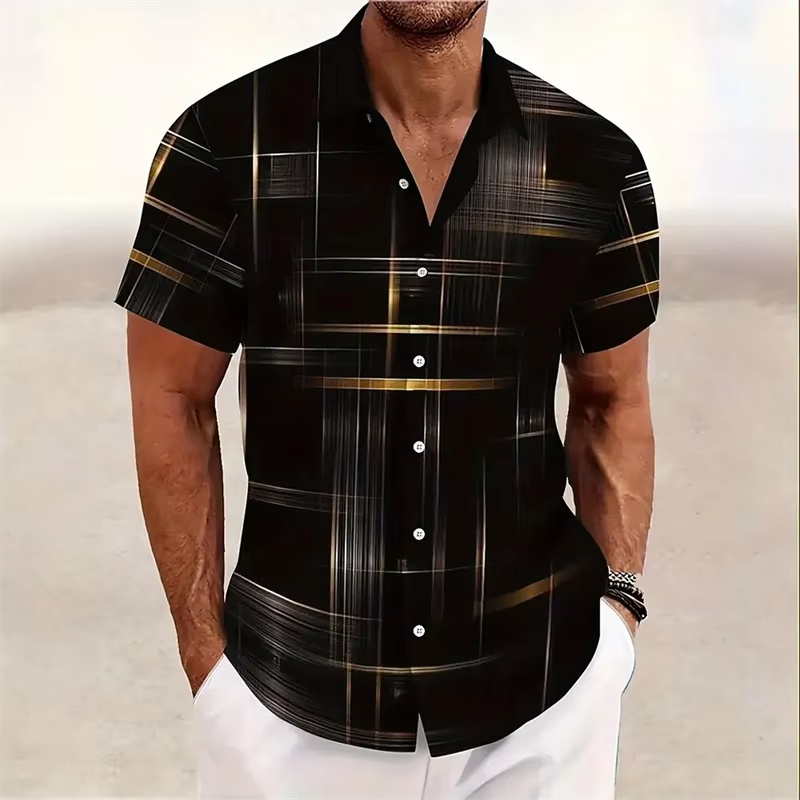 Geometric Plaid Button Shirt for Men with Short Sleeves
