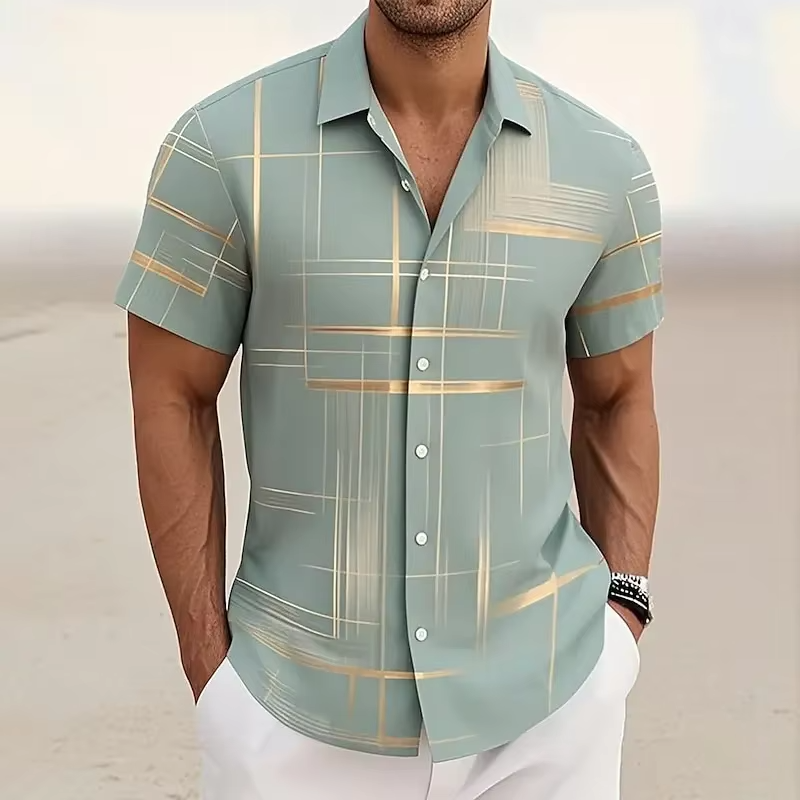 Geometric Plaid Button Shirt for Men with Short Sleeves