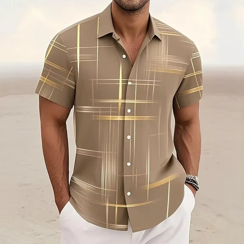 Geometric Plaid Button Shirt for Men with Short Sleeves