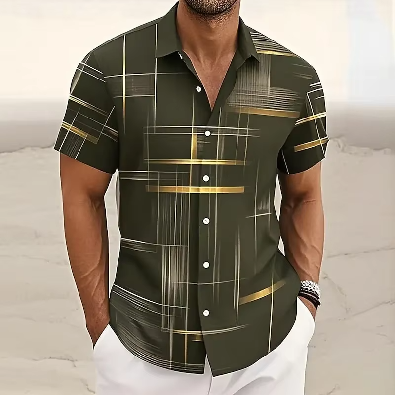 Geometric Plaid Button Shirt for Men with Short Sleeves