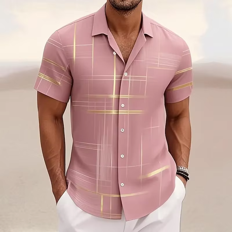 Geometric Plaid Button Shirt for Men with Short Sleeves