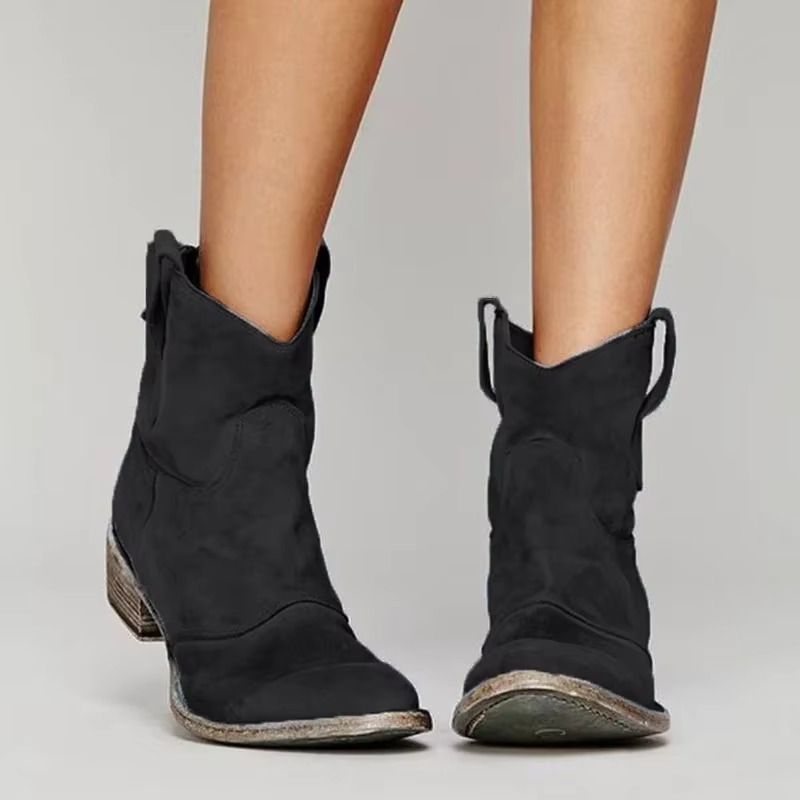 Pointed Toe Ankle Boots with Slip-On Design and Low Block Heel