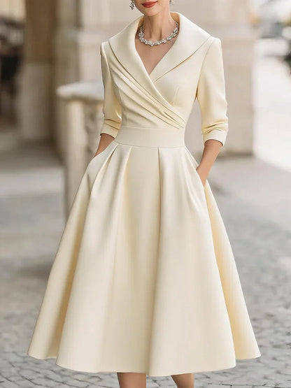 Midi Dress with Wrapped Neckline and Three Quarter Sleeves, Fitted Bodice