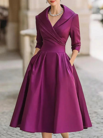 Midi Dress with Wrapped Neckline and Three Quarter Sleeves, Fitted Bodice