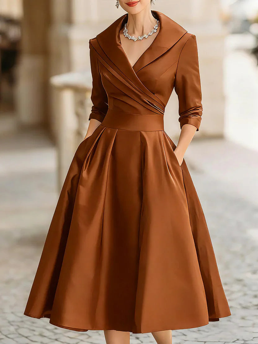 Midi Dress with Wrapped Neckline and Three Quarter Sleeves, Fitted Bodice