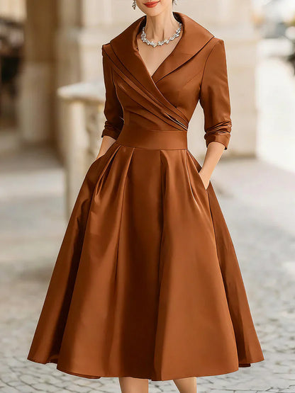 Midi Dress with Wrapped Neckline and Three Quarter Sleeves, Fitted Bodice