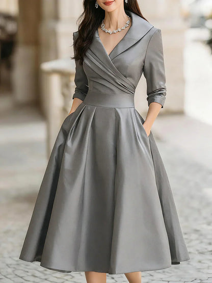 Midi Dress with Wrapped Neckline and Three Quarter Sleeves, Fitted Bodice