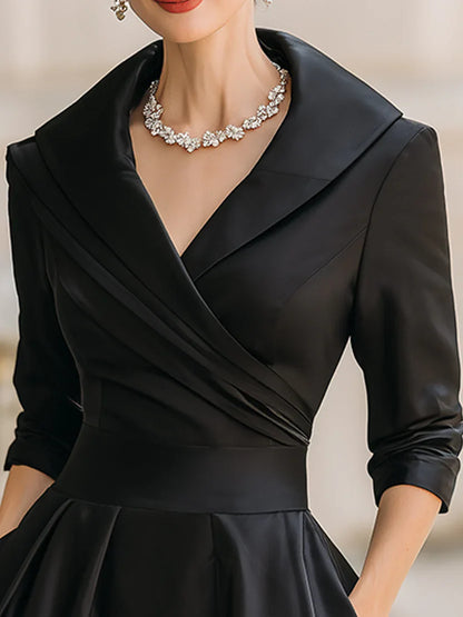 Midi Dress with Wrapped Neckline and Three Quarter Sleeves, Fitted Bodice