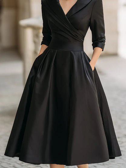 Midi Dress with Wrapped Neckline and Three Quarter Sleeves, Fitted Bodice