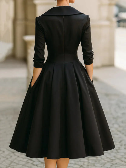 Midi Dress with Wrapped Neckline and Three Quarter Sleeves, Fitted Bodice