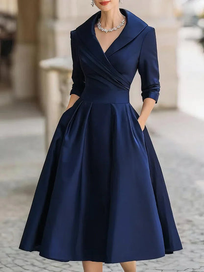 Midi Dress with Wrapped Neckline and Three Quarter Sleeves, Fitted Bodice