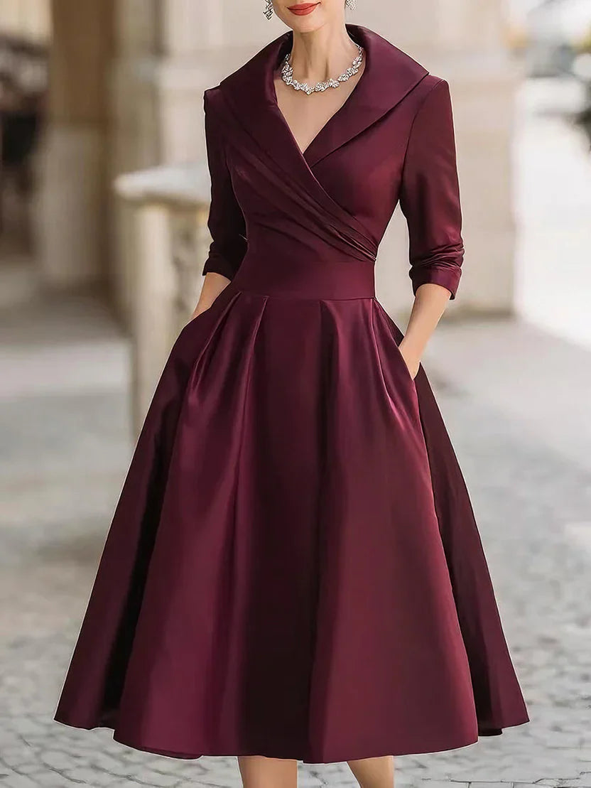 Midi Dress with Wrapped Neckline and Three Quarter Sleeves, Fitted Bodice