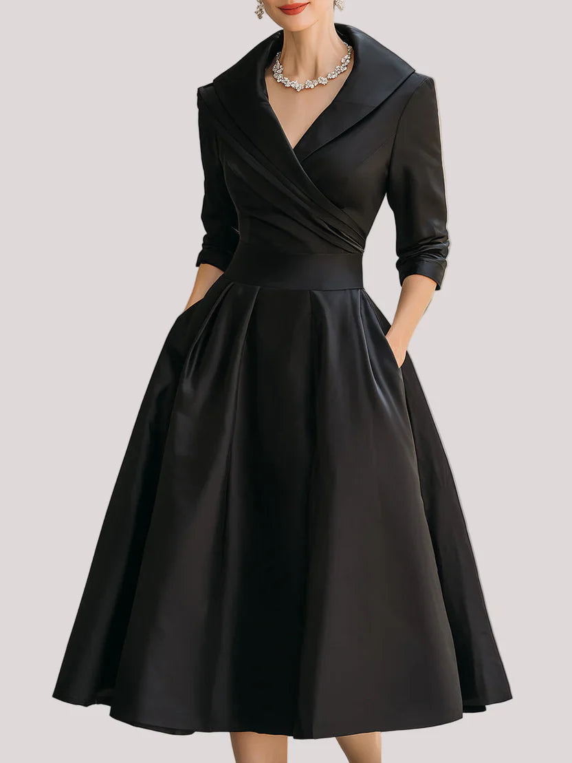 Midi Dress with Wrapped Neckline and Three Quarter Sleeves, Fitted Bodice