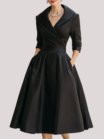 Midi Dress with Wrapped Neckline and Three Quarter Sleeves, Fitted Bodice