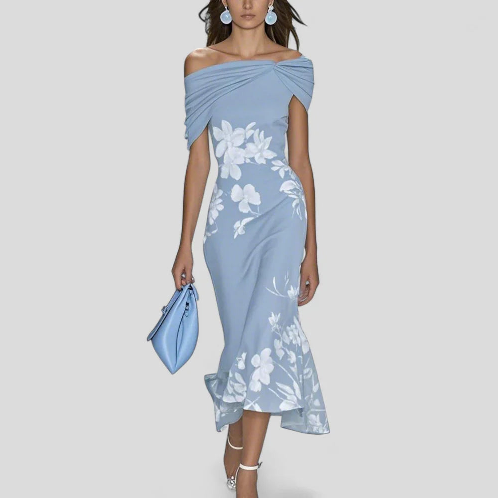 Trendy Off-Shoulder Floral Midi Dress with Slip-On Comfort Fit
