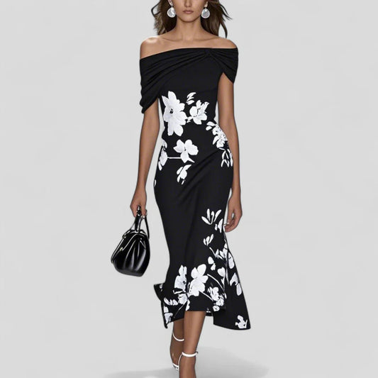 Trendy Off-Shoulder Floral Midi Dress with Slip-On Comfort Fit