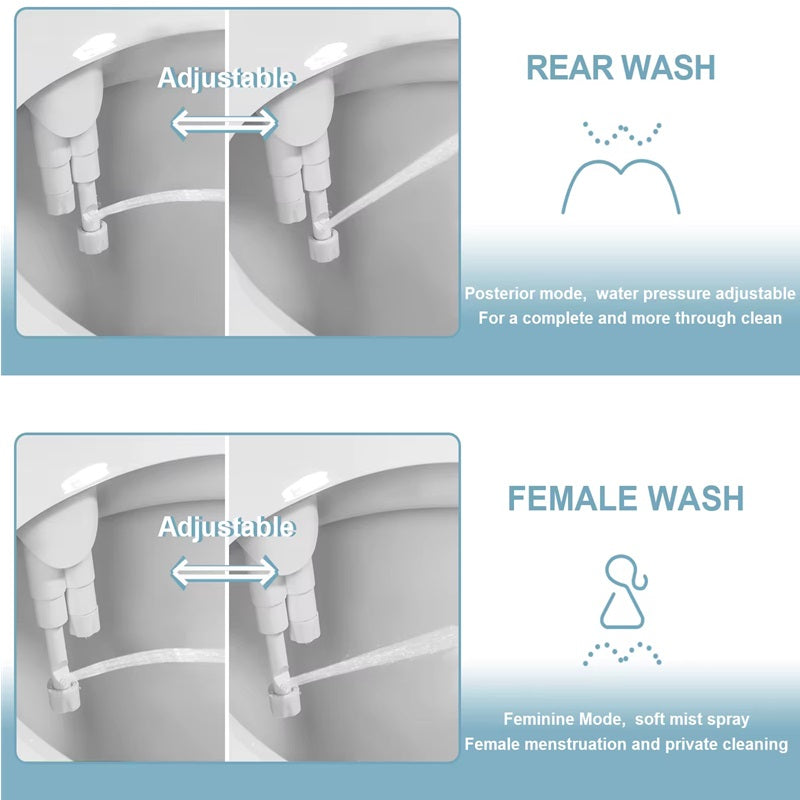 Bidet Attachment with Dual Nozzle Wash and Adjustable Water Pressure, Ultra Thin Design