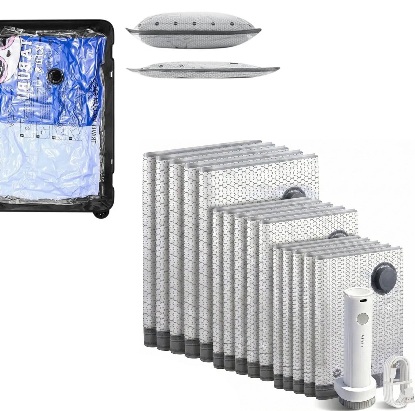 Vacuum Compression Bags with Cordless Pump and 15-Piece Set for Travel Storage