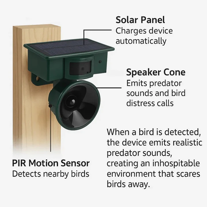 Automatic Motion Sensor Bird Deterrent with Adjustable Sound and Weather Resistant Design