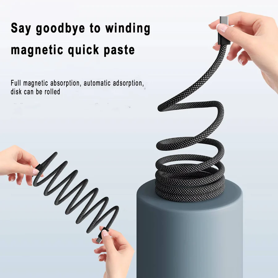 Magnetic Charging Cable with Auto-Coiling System and Dual Device Tips, 3.3ft