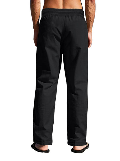 Men's Linen Pants with Wooden Button Closure and Elastic Drawstring, Deep Pockets
