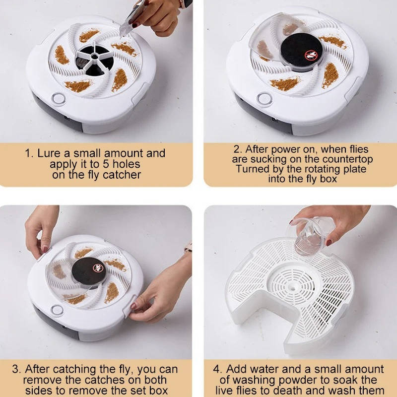 Fly Trap with Rotating Sweep Arm and Removable Collection Tray, USB Rechargeable