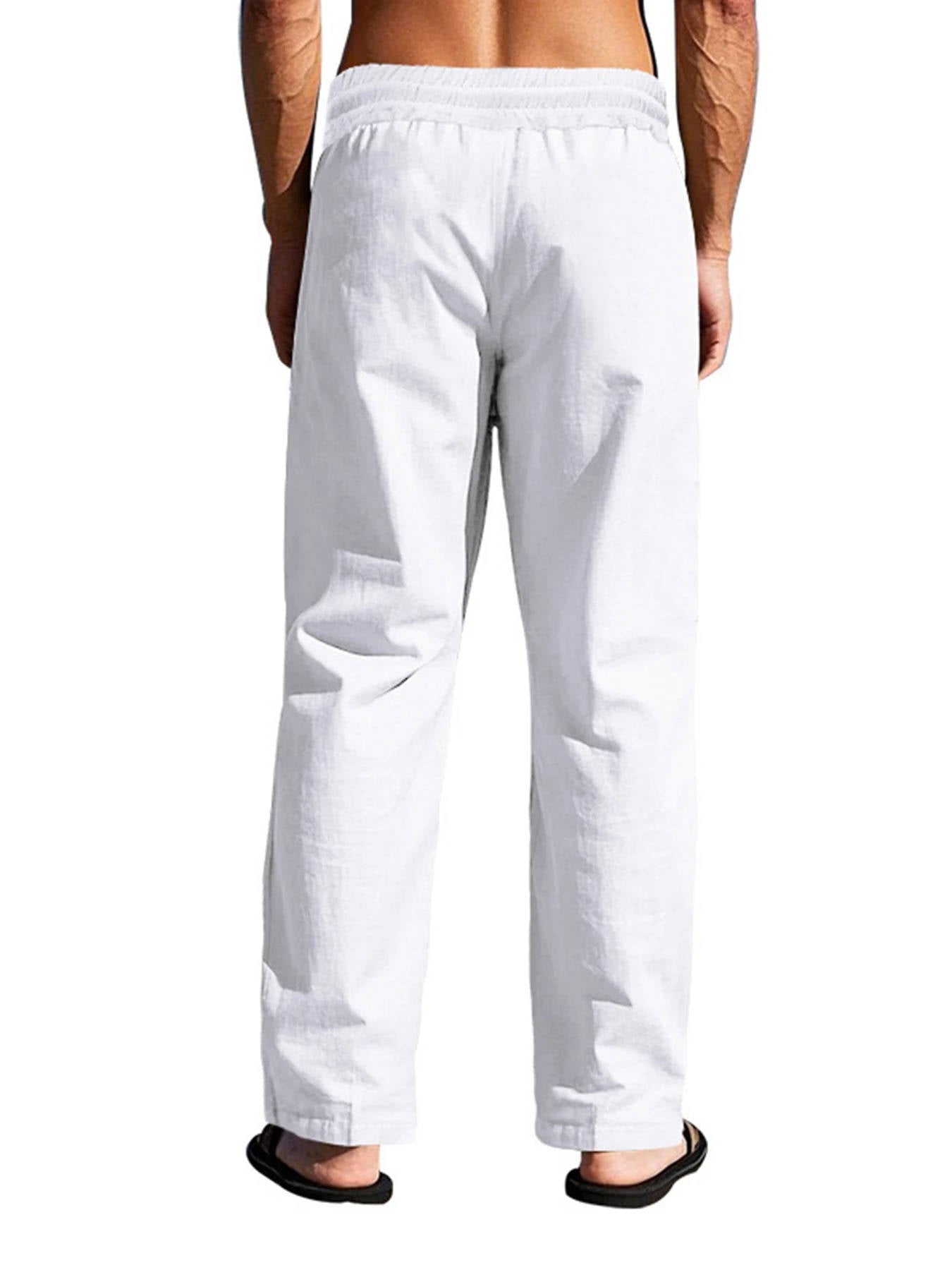 Men's Linen Pants with Wooden Button Closure and Elastic Drawstring, Deep Pockets