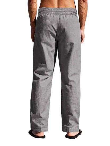 Men's Linen Pants with Wooden Button Closure and Elastic Drawstring, Deep Pockets