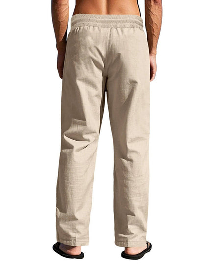Men's Linen Pants with Wooden Button Closure and Elastic Drawstring, Deep Pockets