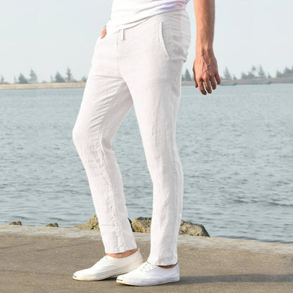Cotton Linen Blend Pants with Elastic Waistband and Stretch Recovery, Machine Washable