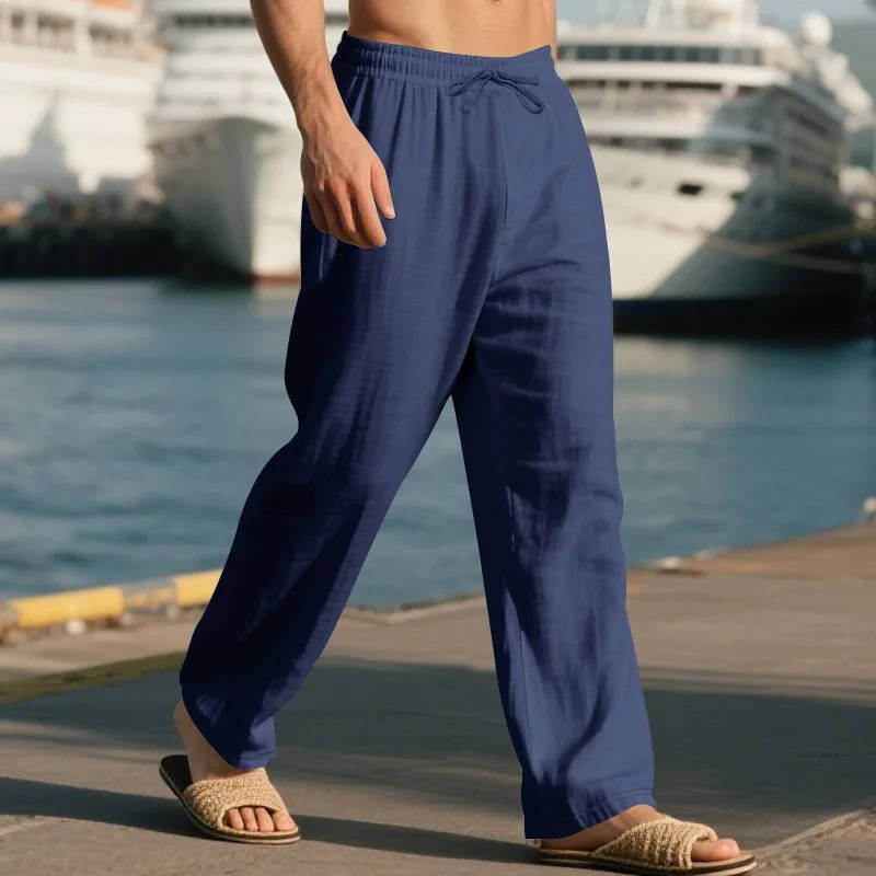 Linen Straight Leg Pants for Men with Elastic Drawstring Waist and Deep Pockets, Machine Washable