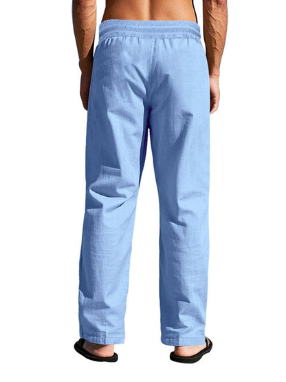 Men's Linen Pants with Wooden Button Closure and Elastic Drawstring, Deep Pockets