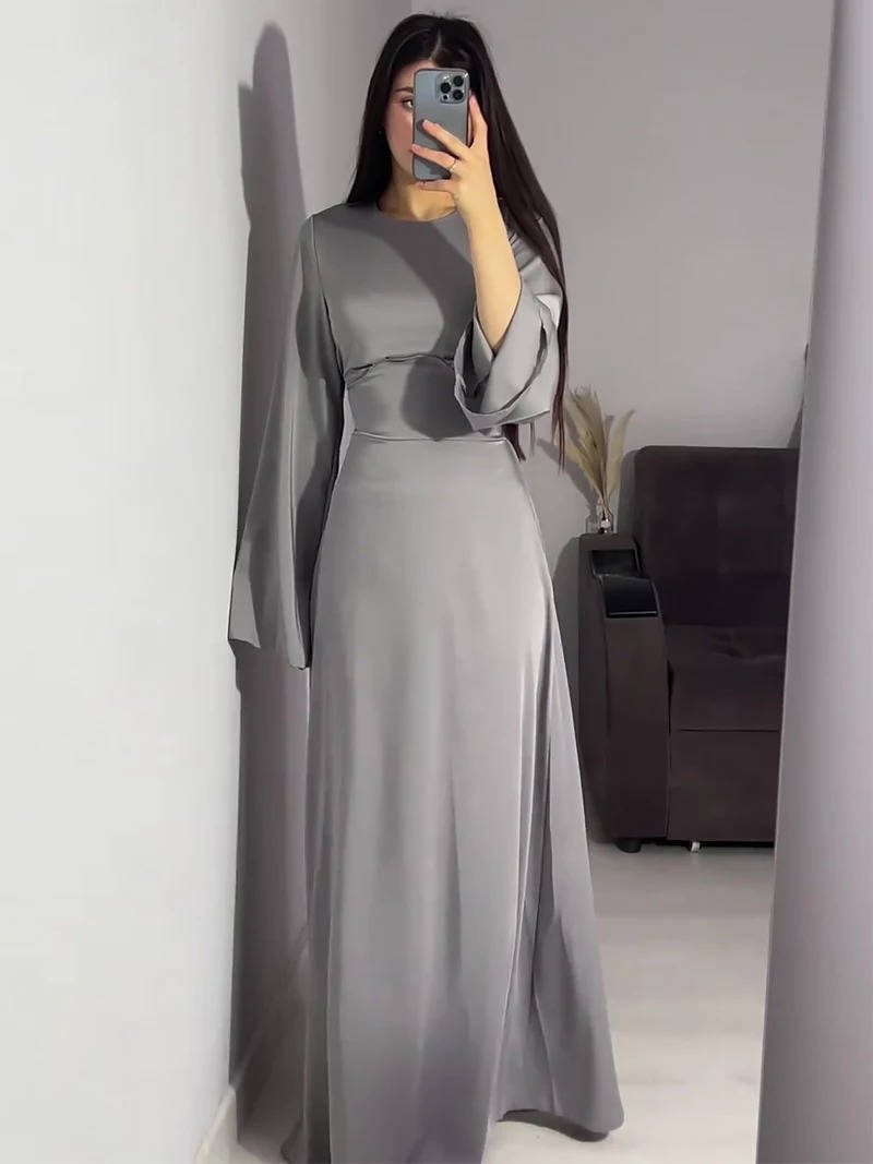 Elegant Satin Maxi Dress with Adjustable Back Lacing and Empire Waist