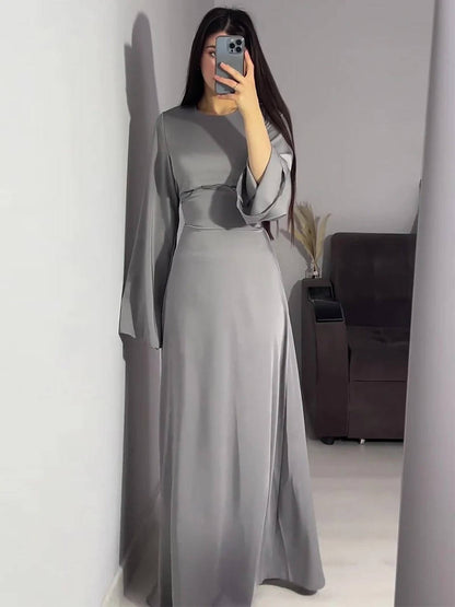 Elegant Satin Maxi Dress with Adjustable Back Lacing and Empire Waist