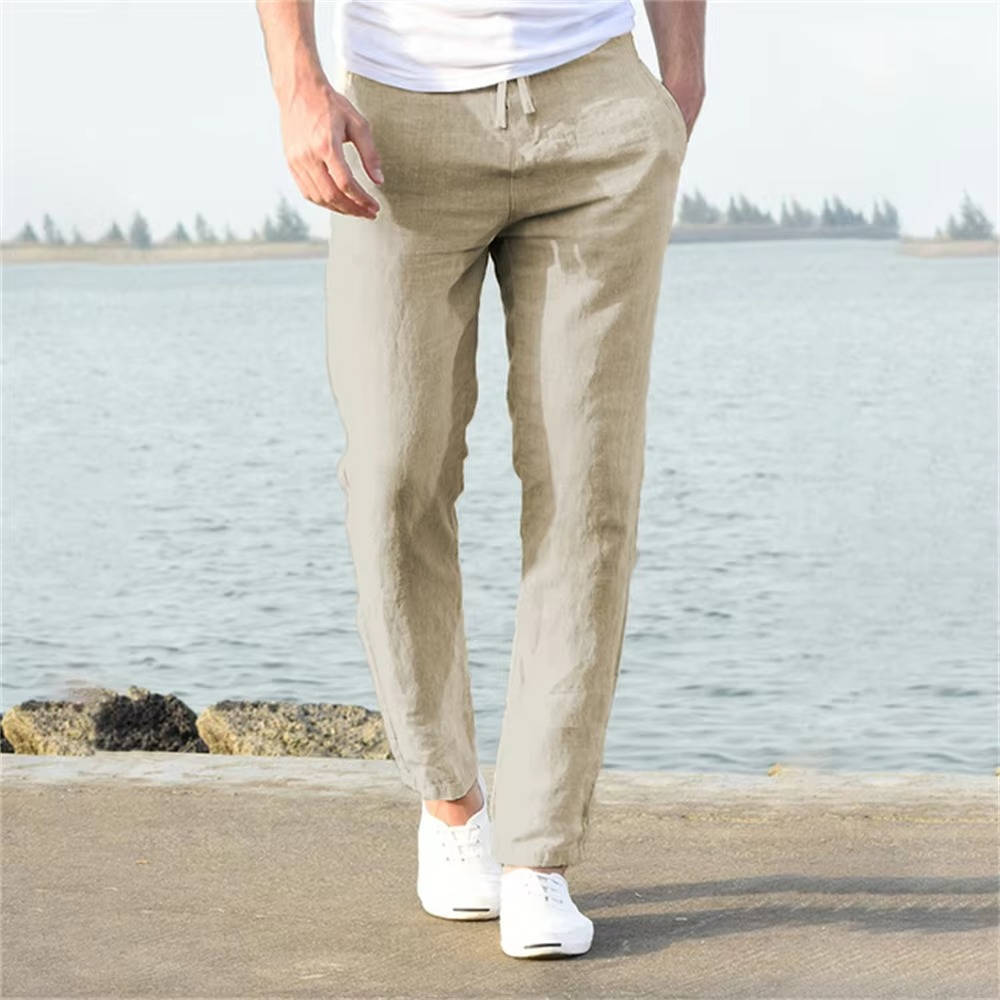 Cotton Linen Blend Pants with Elastic Waistband and Stretch Recovery, Machine Washable