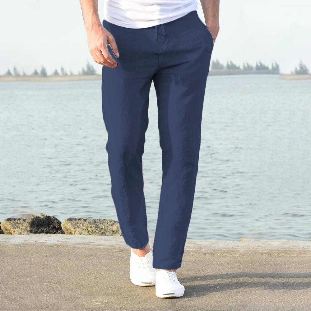 Cotton Linen Blend Pants with Elastic Waistband and Stretch Recovery, Machine Washable