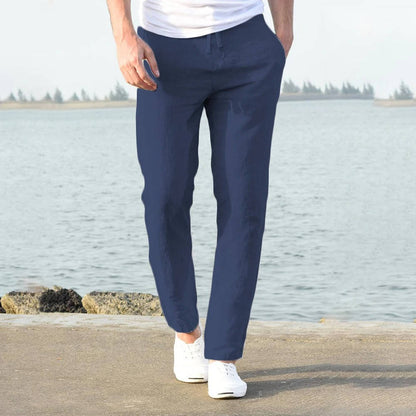 Cotton Linen Blend Pants with Elastic Waistband and Stretch Recovery, Machine Washable