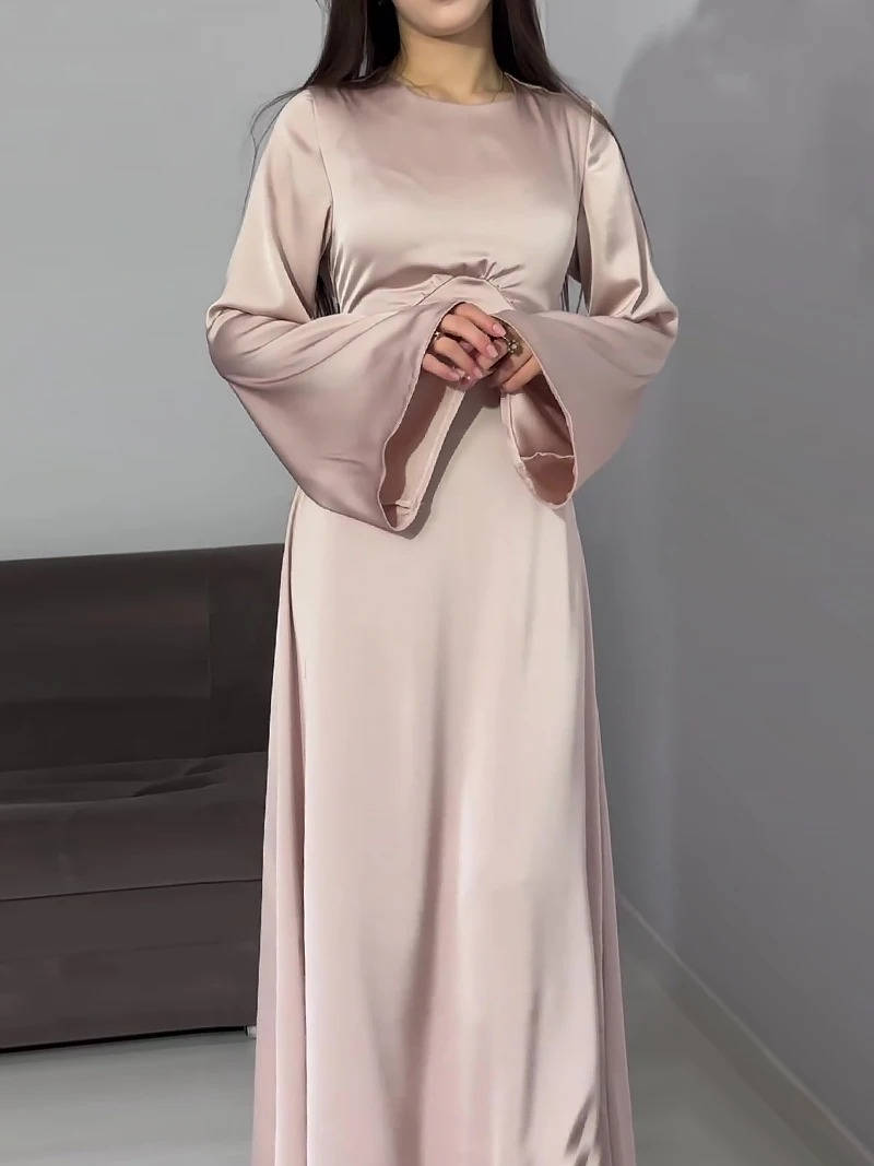 Elegant Satin Maxi Dress with Adjustable Back Lacing and Empire Waist