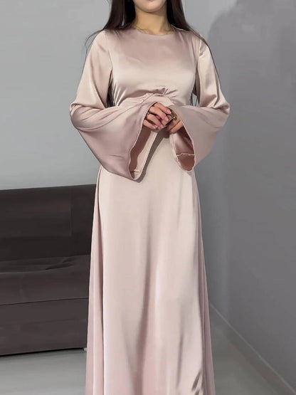 Elegant Satin Maxi Dress with Adjustable Back Lacing and Empire Waist