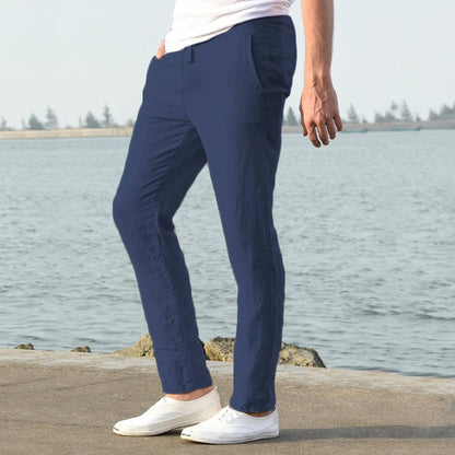 Cotton Linen Blend Pants with Elastic Waistband and Stretch Recovery, Machine Washable