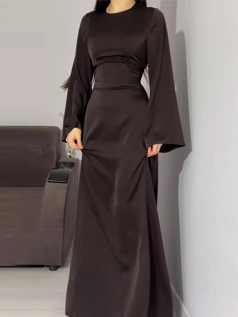 Elegant Satin Maxi Dress with Adjustable Back Lacing and Empire Waist