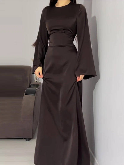 Elegant Satin Maxi Dress with Adjustable Back Lacing and Empire Waist