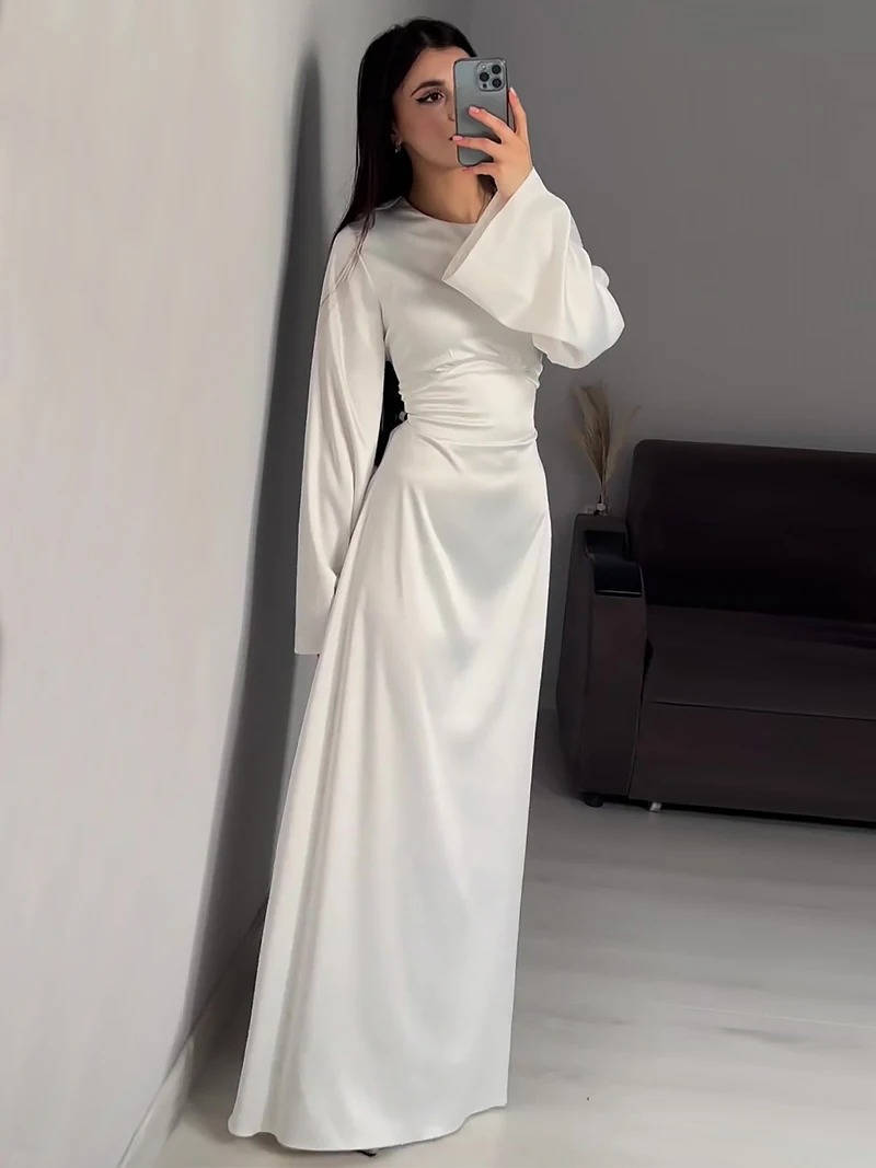Elegant Satin Maxi Dress with Adjustable Back Lacing and Empire Waist